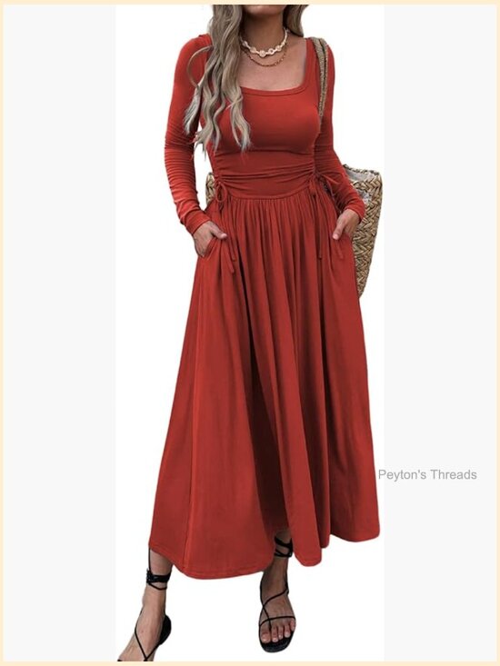 Dresses & Skirts - Long Sleeve Square Neck Maxi Dress Adjustable Waist Tie Casual A-Line Pleated